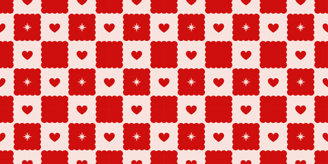 Valentine's Day Red Checkered Seamless Patter with Star and Hearts. Wave rhombus with lace. Repeating print for wrapping paper and textile. Love and romantic wallpaper. Vector illustration background