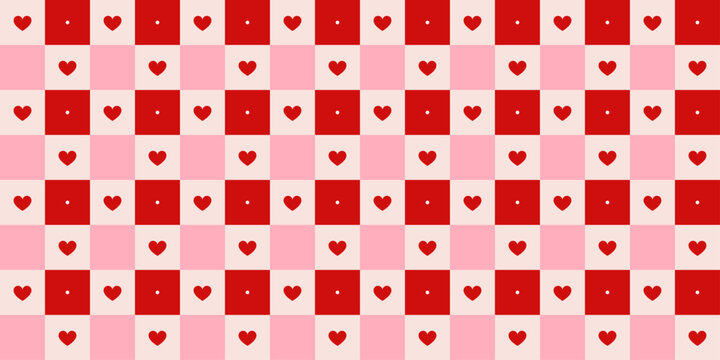 Valentine's Day red and pink checkered seamless patter with hearts. Repeating print for wrapping paper and poster. Love and romantic wallpaper. Vector illustration background