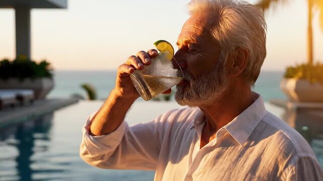 Smiling Senior Man Enjoying Golden Hour Sunset at Luxury Tropical Infinity Pool Overlooking Ocean View