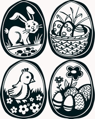 Easter Egg Silhouettes: Bunny, Chick, Basket, Floral Designs - Vector Illustration