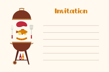 Barbecue invitation card design with bbq grill food cooking tools and lined text area for party details