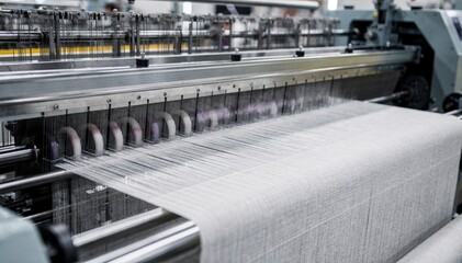 Medium shot of airjet loom weaving lightweight textiles with precision as highspeed jets guide weft threads through dense warp fabric.