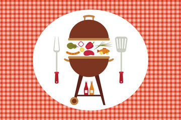 Barbecue grill illustration with bbq food cooking tools round frame and gingham picnic background