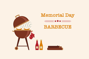 Memorial Day barbecue illustration with bbq grill sausages cooking tools wooden logs and festive typography