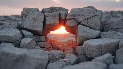 Cracked grey stone revealing glowing sunset light through a natural stone crevice