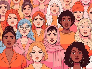 Diverse group of beautiful women with different hairstyles and skin tones in a colorful pattern