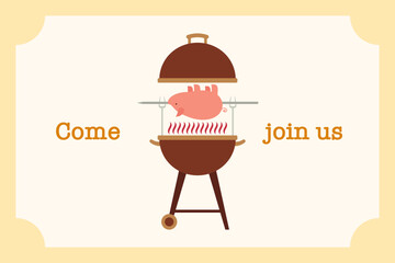 Barbecue invitation illustration with bbq grill whole pig on spit cooking skewers and come join us text