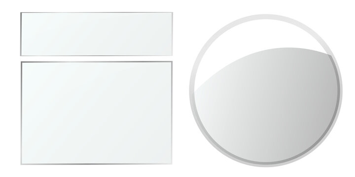 Set of transparent glass UI panels and round glossy button with soft green tint, isolated on black.