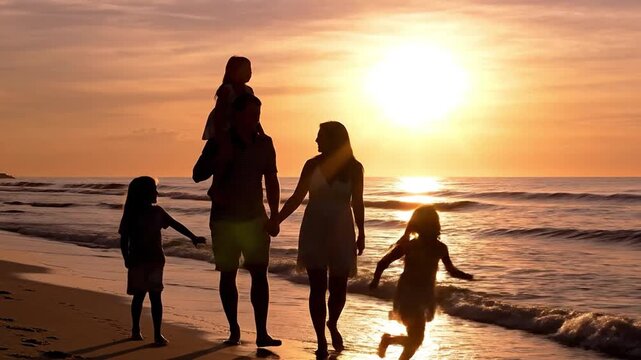 Family enjoying beautiful sunset walk on beach together, creating lasting summer memories