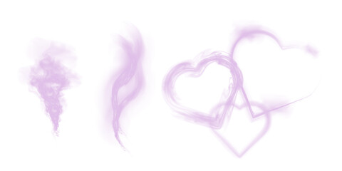 Purple smoky abstract shapes and heart isolated on transparent PNG background.