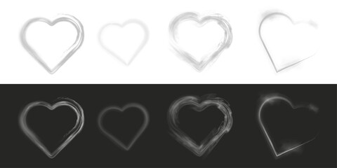 White smoky heart shapes isolated on transparent PNG background.