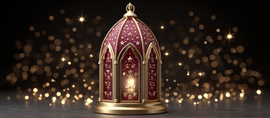 Ornate red and gold lantern with star pattern softly glowing on dark background