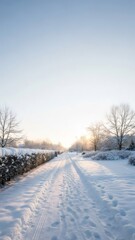 Obraz premium Winter road covered in fresh snow with footprints and tire tracks at sunrise, concept of cold weather travel and seasonal landscape.