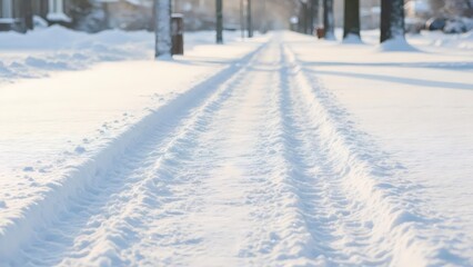 Fresh tire tracks on snowy rural road in winter landscape. Cold weather and pristine snow in a serene outdoor setting for seasonal background.