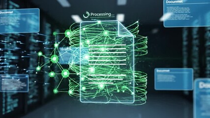 Processing document icon with glowing neural network nodes and swirling data strands around translucent file symbol verification document concept with streaming data transfer and digital network - Powered by Adobe