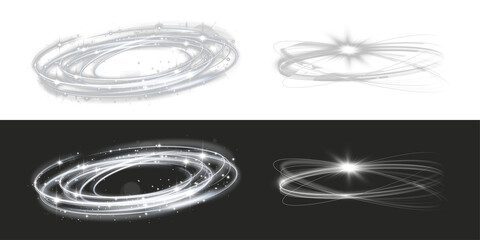 Glowing vortex light trails forming circular energy rings isolated on transparent PNG background.
