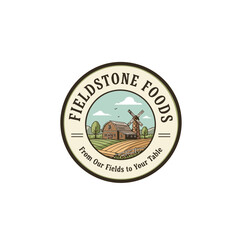 Fieldstone Foods Vintage Farm Badge Logo Design Suitable for Organic Food Brand, Farm Products