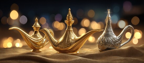Three ornate vessels representing gold, frankincense, and myrrh on a luxurious fabric with bokeh lights