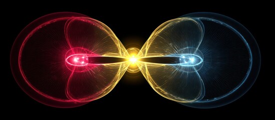 Viintimate apparelnt red and blue energy spheres merging into golden light