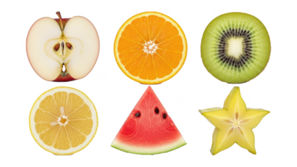Fresh fruit slices collection including orange kiwi and watermelon