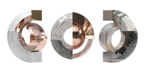 Abstract Geometric Ring Sculptures with Marble and Metallic Elements