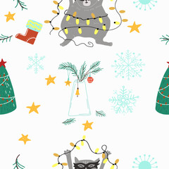 Fototapeta premium Seamless pattern Christmas cat. Hand drawn vector illustration.
