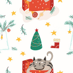Seamless pattern Christmas cat. Hand drawn vector illustration.