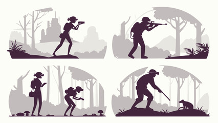 Wildlife Exploration and Research Silhouettes Four Scenes of Adventurers Tracking Animals and Nature Study for Outdoor Adventure Design