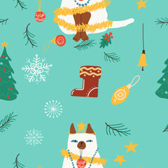 Seamless pattern Christmas cat. Hand drawn vector illustration.