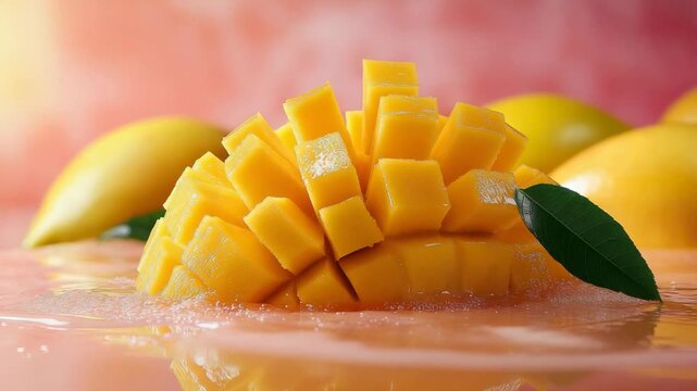 Fresh mango pieces splash in water under bright light with whole mangoes visible in the background