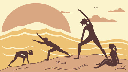 Silhouetted People Practicing Yoga Stretches on Beach Sunrise for Wellness Website Banners and Health App Graphics