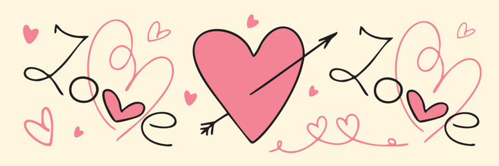 Valentine’s Day banner with love lettering, hearts, arrows and playful doodle elements in soft pink tones