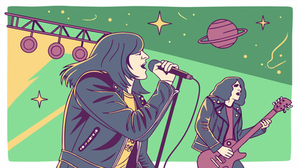 Energetic Rock Band Performing Live Concert on Stage with Cosmic Space Background for Music Promotion and Event Flyers