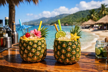 LABADEE, HAITI - The cocktails in pineapple on the bar at sunny day on beach in Haiti