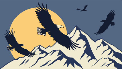 Obraz premium Majestic Bald Eagles Soaring Over Rugged Mountain Peaks at Sunrise for Adventure Travel Web Design and Nature Branding