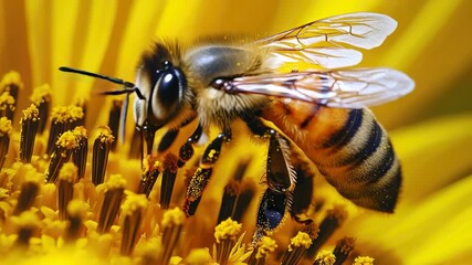 Bees gather pollen from flowers on a sunny day in a garden
