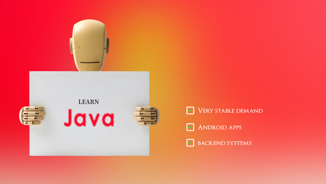 Robot holding sign promoting learning Java programming for software development
