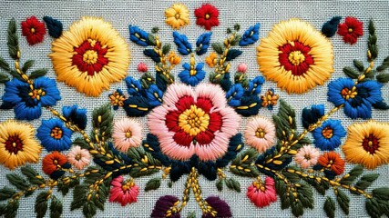 Embroidered floral designs showing traditional techniques and colors from a specific cultural background