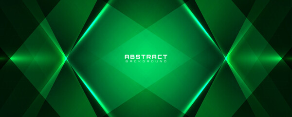 3D green abstract background overlap layer on dark space with glowing polygon effect decoration. Modern graphic design element cutout style concept for web, art, flyer, card, or brochure cover