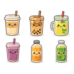 Kawaii Cute Drinks Collection &ndash; Smiling Cartoon Beverage Characters Set