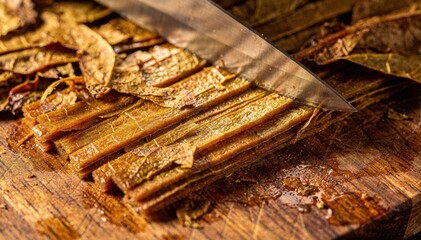 Closeup medium shot focusing on the precise cutting of mediumcut tobacco leaves highlighting the even strips and subtle moisture reflecting light.