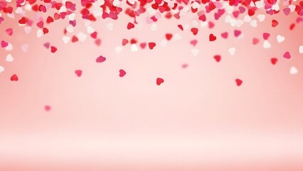 Festive background featuring a cascade of bright red pink and white heart-shaped confetti gently falling against a soft romantic gradient backdrop