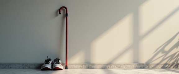 Walk cane leaning against wall with waiting running shoes, mobility transition and future activity anticipation