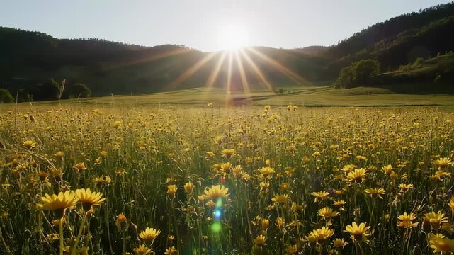 Vibrant Yellow Flowers Blooming in a Sunlit Field at Sunrise with Scenic Hills in the Background. Seamless looping 4k video background 