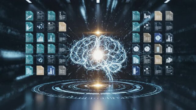 Neon neural network brain glowing above circular data interface with floating document icons and analytic charts converging toward glowing data core burst, conveying secure high speed file transfer