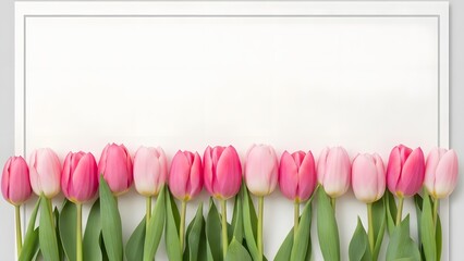 Fresh pink and magenta tulips arranged neatly along the bottom edge creating a beautiful floral border with ample white copy space above