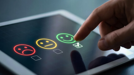 Hand touching tablet screen selecting happy face emoji for customer satisfaction survey feedback or rating concept