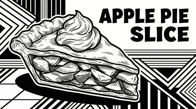 Monochrome vector illustration of a traditional American apple pie slice with whipped cream, ideal for dessert menus and bakery branding