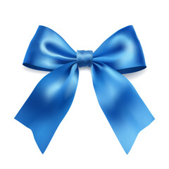 Realistic blue satin ribbon bow with long tails isolated on white gift decoration for packaging greeting cards and invitations