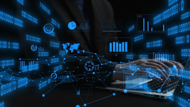 A modern scene featuring a person hands on a laptop, surrounded by blue graphs and data symbols, emphasizing the importance of technology in data analysis and business insights. Xenic - Powered by Adobe